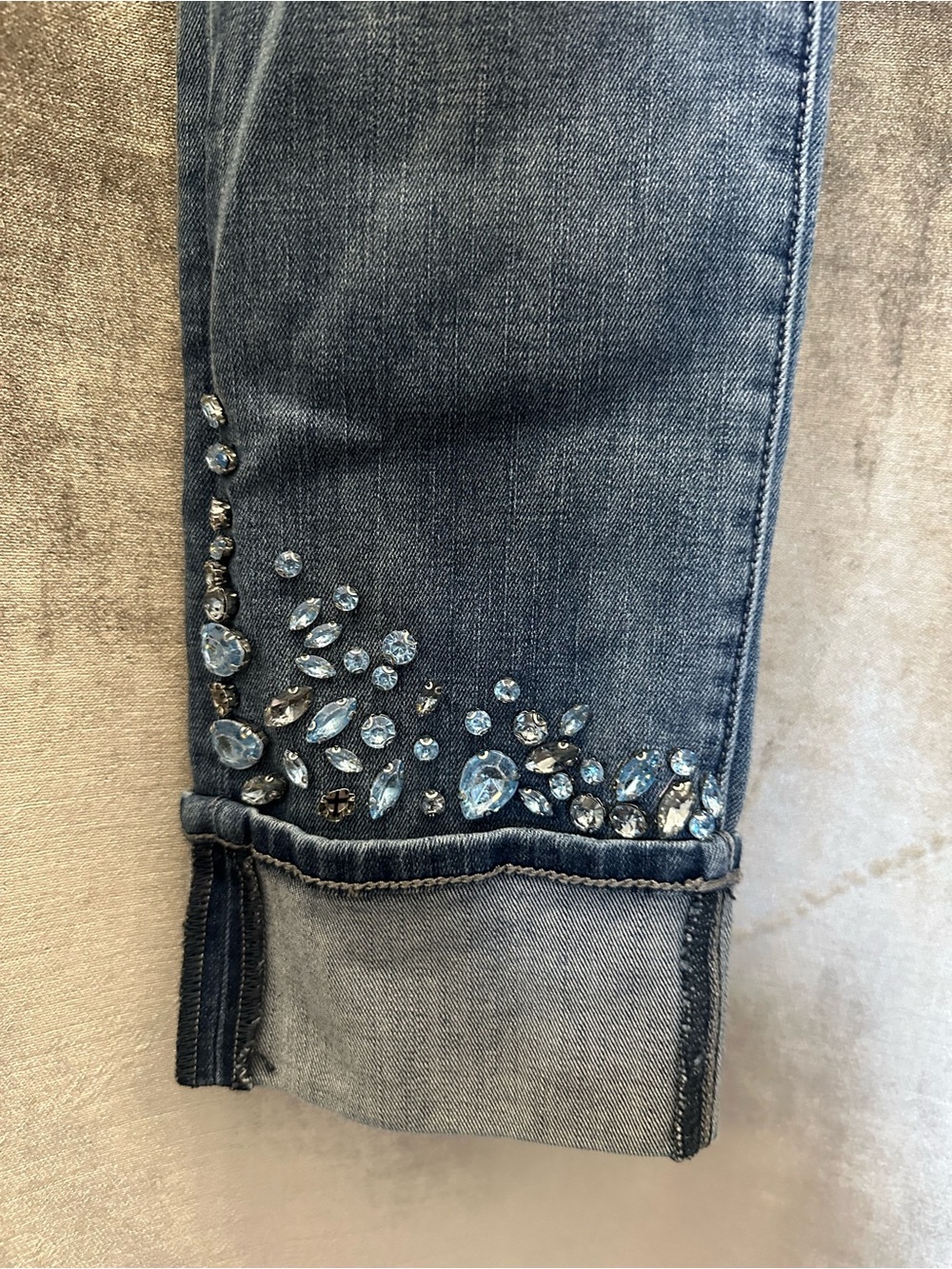 White House Black Market Blue Denim Cropped Jeans with Crystal Embellishment